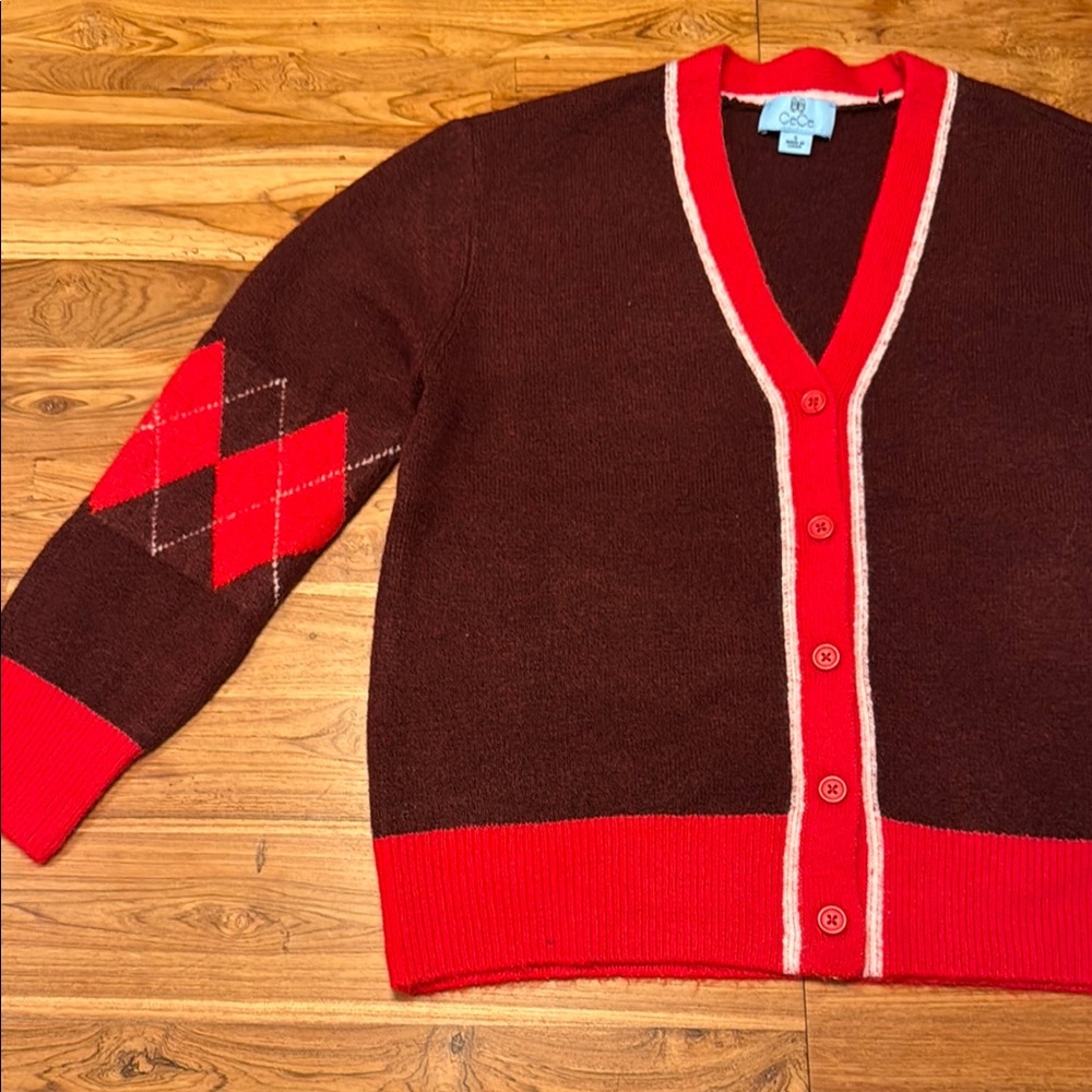 Burgundy and Red Cardigan Sweater with argyle arm detailing. Size S. New w/tags